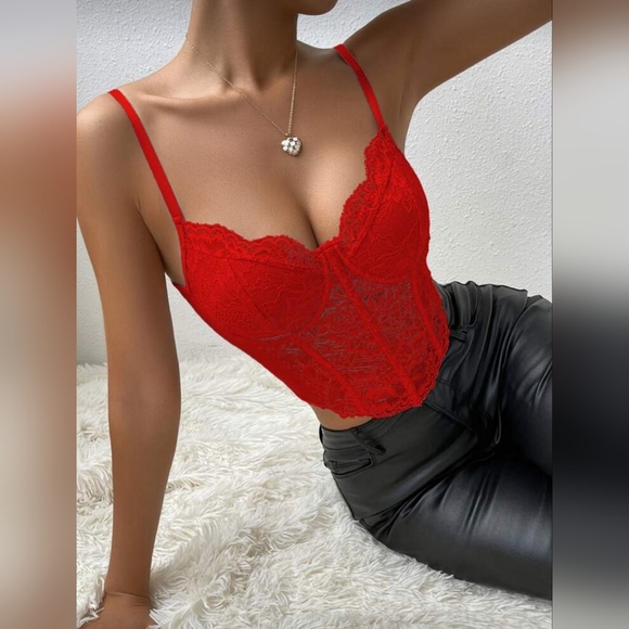 TOP RED Sleeveless floral lace top tube top bustier vest corset top red summer - Picture 11 of 14